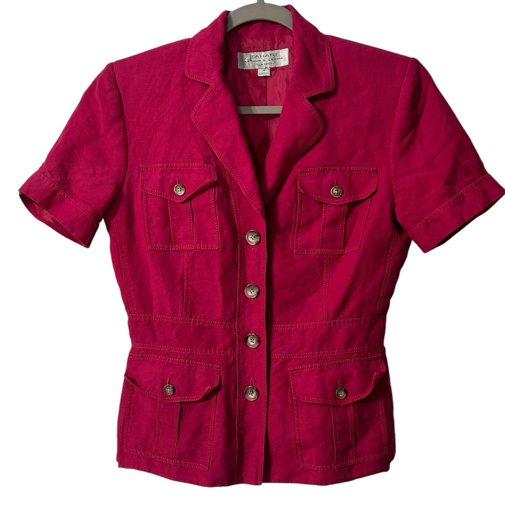 Tahari Arthur S. Levine Linen Blend Button Up Short Sleeve Jacket Blazer